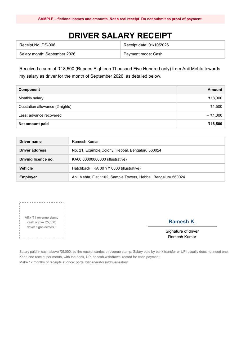 SAMPLE driver salary receipt showing fictional employer and driver details, salary components, payment information and signature